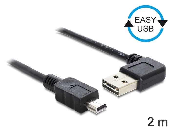 Anschlusskabel USB 2.0 EASY Stecker A an mini Stecker, gewinkelt, schwarz, 2m, Delock® [83379]