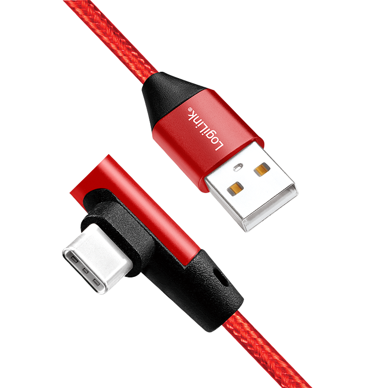 USB 2.0 Type-C Kabel, C/M (90°) zu USB-A/M, Stoff, rot, 1 m