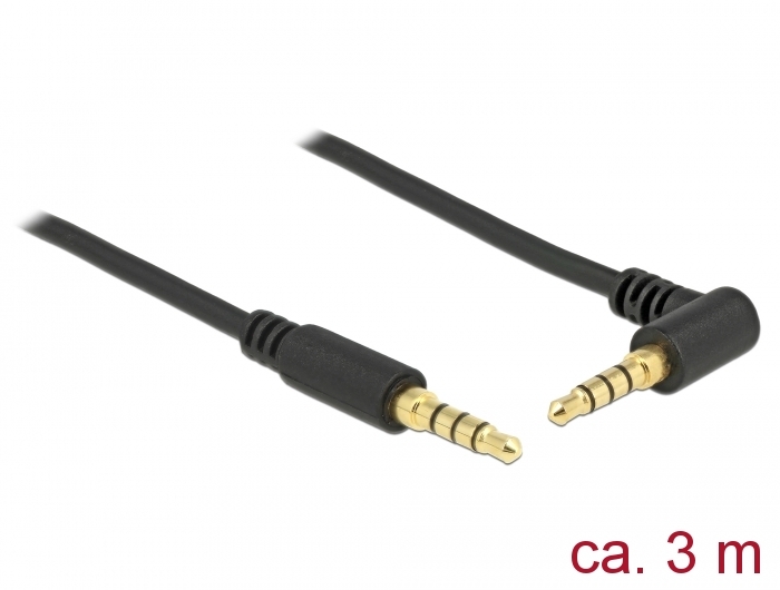 Klinkenkabel 3,5 mm 4 Pin Stecker an Stecker gewinkelt, schwarz, 3m, Delock® [85616]