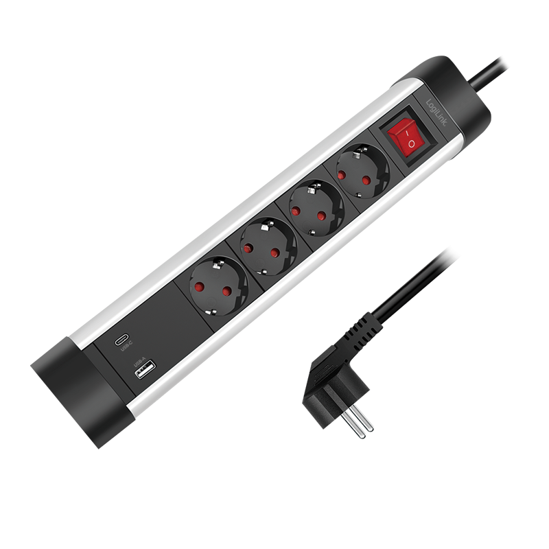 Steckdosenleiste 4-fach + Schalter, 4x CEE 7/3, 1x USB-A, 1x USB-C