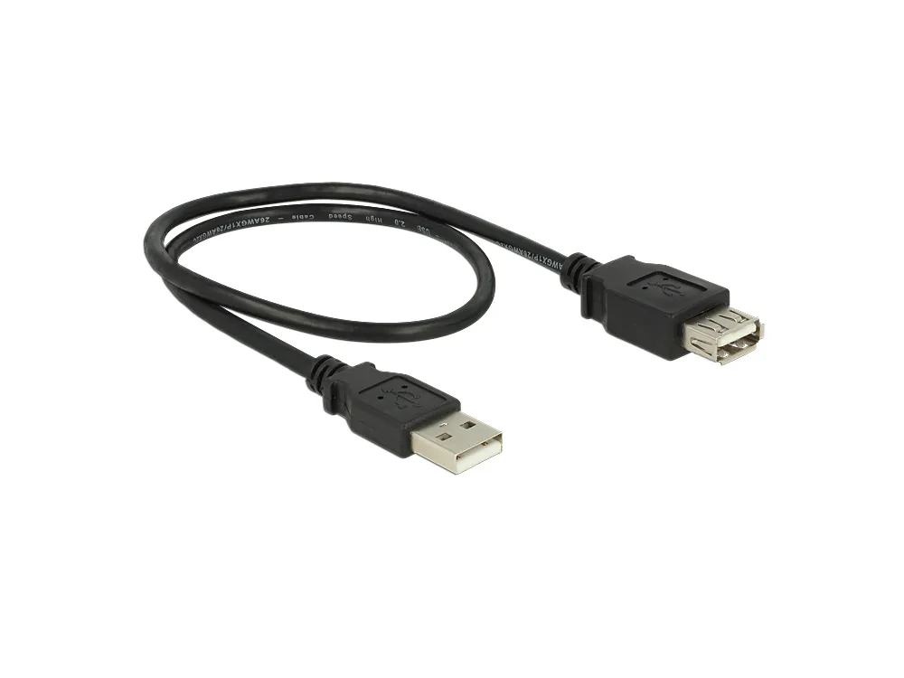 Verlängerung USB 2.0 Stecker A an Buchse A, schwarz, 0,5m, Delock® [83401]