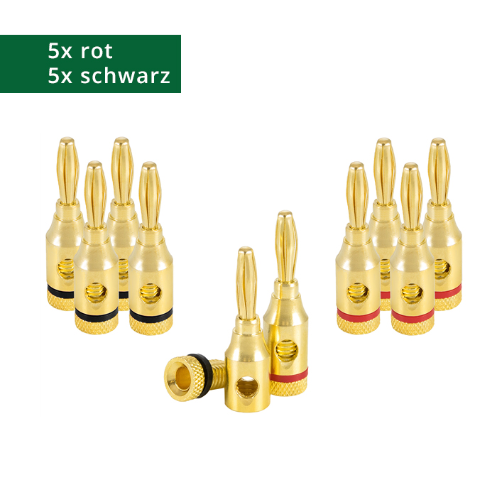 10x Schraub Bananenstecker für Lautsprecherkabel (bis 4 mm²) vergoldet, 5x rot, 5x schwarz