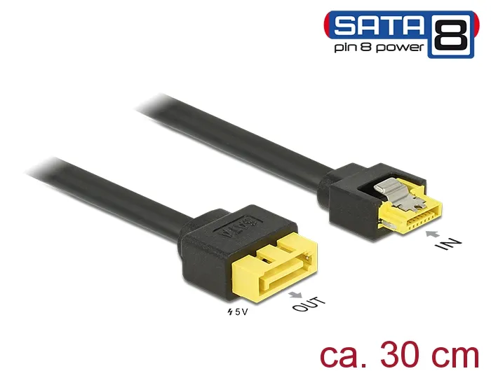 Verlängerungskabel SATA 6 Gb/s Buchse > SATA Stecker Pin 8 Power mit Einrastfunktion, 0,3 m, Delock®
