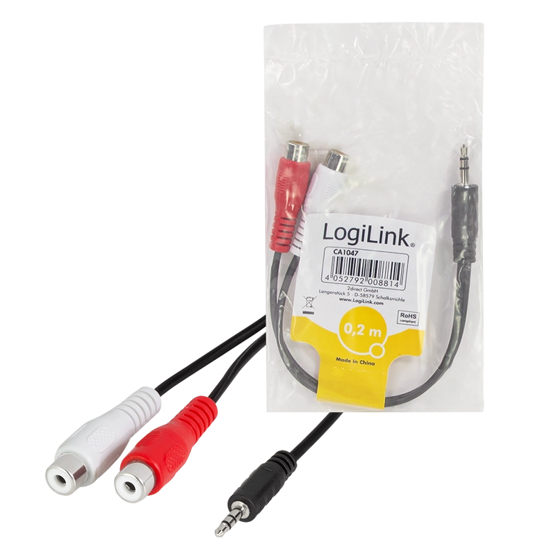 Audio-Kabel, 3,5 mm 3-Pin/M zu 2x Cinch/F, schwarz, 0,2 m