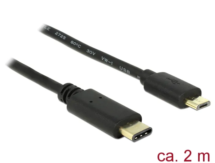 Kabel USB 2.0 Type-C Stecker an USB 2.0 Typ Micro-B Stecker, schwarz, 2m, Delock® [83334]