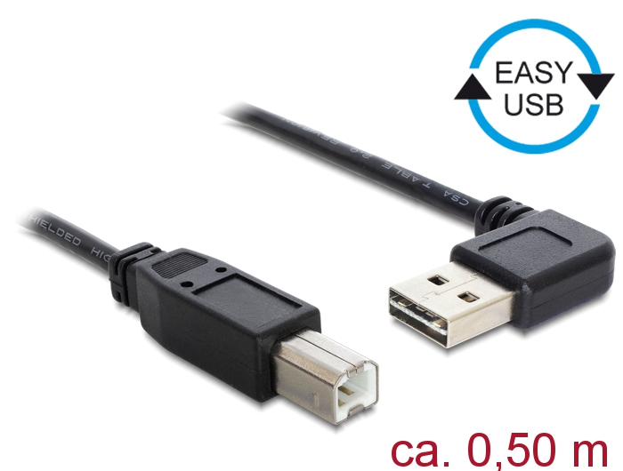 Kabel EASY-USB 2.0 Typ-A Stecker gewinkelt links / rechts an USB 2.0 Typ-B Stecker, schwarz, 0,5 m,