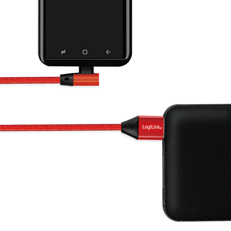 USB 2.0 Type-C Kabel, C/M (90°) zu USB-A/M, Stoff, rot, 1 m