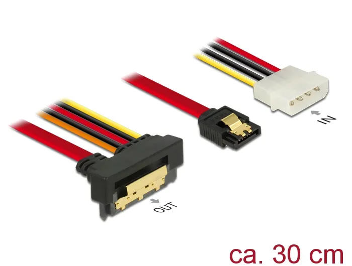 Kabel SATA 6 Gb/s 7 Pin Buchse + Molex 4 Pin Strom Stecker an SATA 22 Pin Buchse unten gewinkelt Met