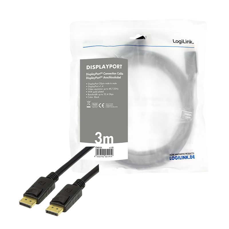 DisplayPort-Kabel, DP/M zu DP/M, 8K/60 Hz, schwarz, 3 m