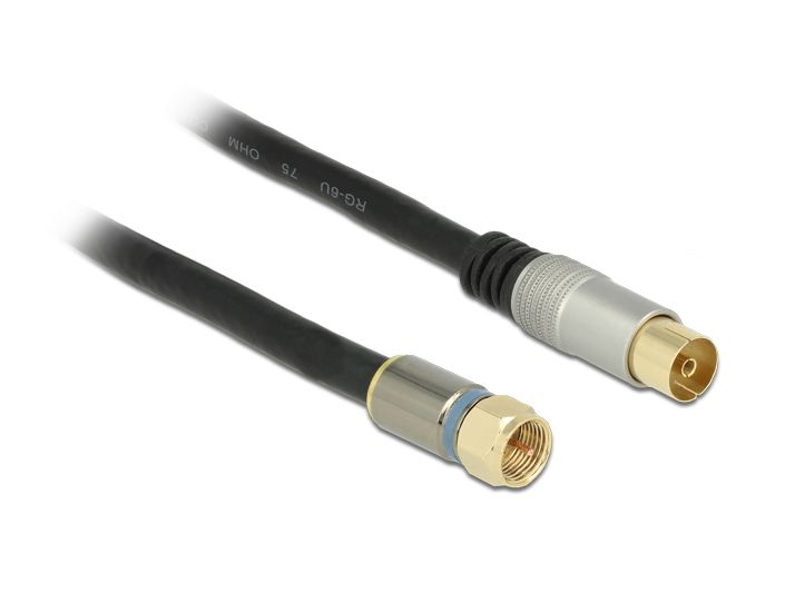 Antennenkabel, F-Stecker an IEC-Buchse RG-6/U, Vierfachschirmung, Premium, schwarz, 5m, Delock® [889