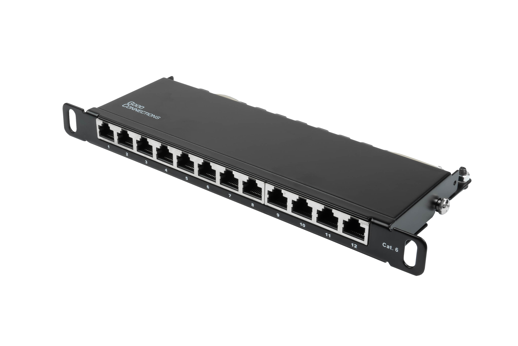 Patchpanel 10" Cat. 6, 12-Port, 0,5 HE, STP geschirmt, werkzeugloses Öffnen, Tiefschwarz (RAL9005),