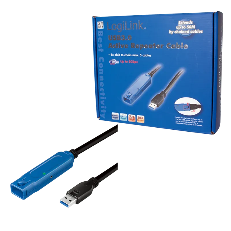 USB 3.2 Gen1-Kabel, USB-A/M zu USB-A/F, Verstärker, schwarz/blau, 10 m