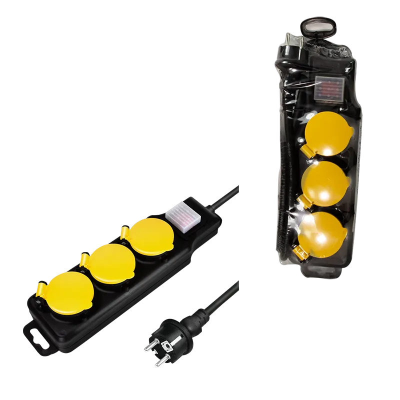Steckdosenleiste 3-fach + Schalter, 3x CEE 7/3, Outdoor, 1,5 m, schwarz/gelb