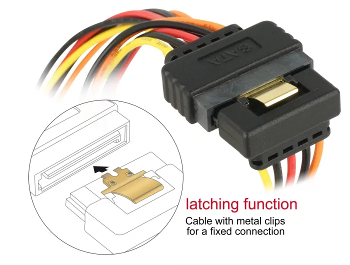 Kabel SATA 15 Pin Strom Stecker mit Einrastfunktion an 2 x SATA 15 Pin Strom Buchse 0,3 m, Delock® [