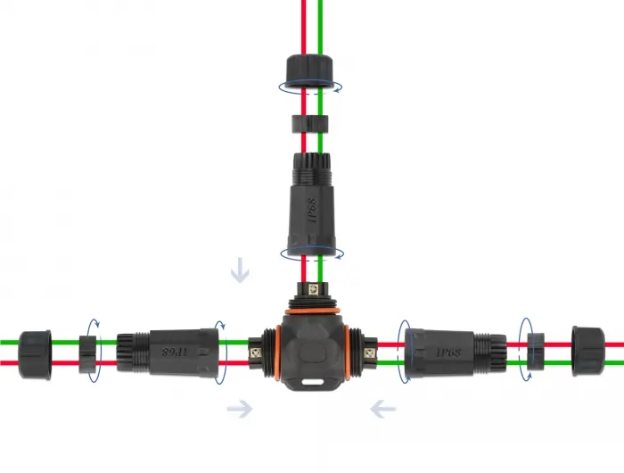 Kabelverbinder T-Form für Außenbereich 2 Pin, IP68 wasserdicht, schraubbar, Kabeldurchmesser 4,5 - 7