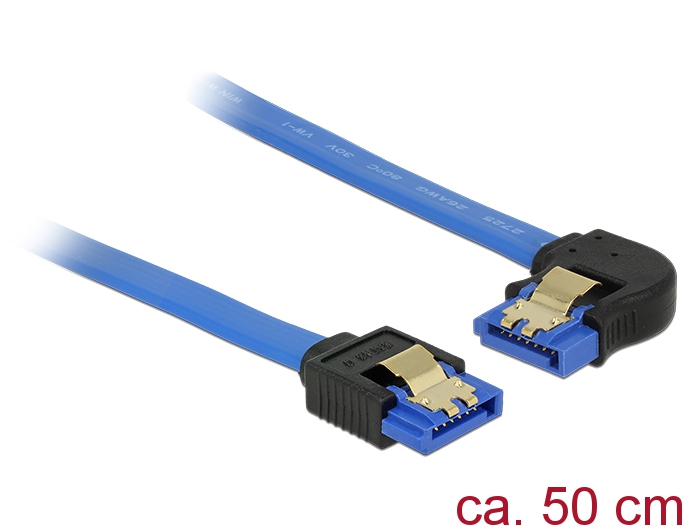 Kabel SATA 6 Gb/s Buchse gerade an SATA Buchse links gewinkelt, mit Goldclips, blau, 0,5m, Delock® [