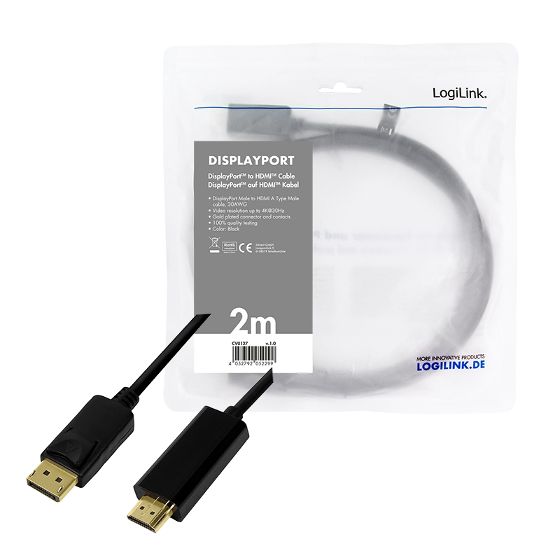 DisplayPort-Kabel, DP/M zu HDMI-A/M, 4K/30 Hz, schwarz, 2 m