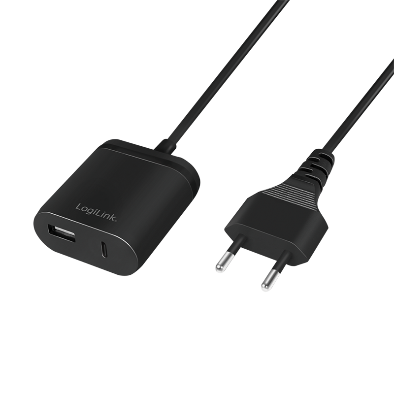 Dual-USB-Ladeadapter mit 1,5 m Festkabel, 1x USB-A, 1x USB-C, 12 W