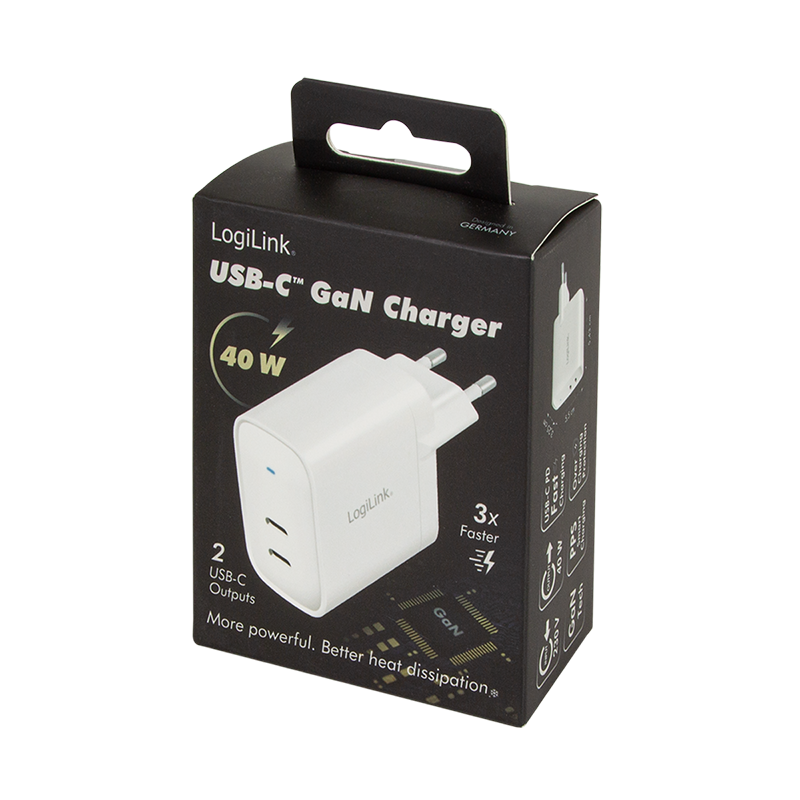 Dual-USB-Steckdosenadapter, GaN, 2x USB-C (PD), 40 W, weiß