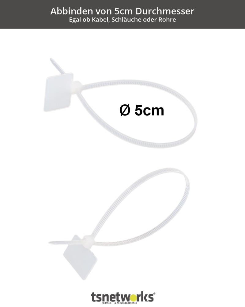 Kabelbinder mit Beschriftungsfeld 2,5 cm x 1,5cm, L: 21cm, 100 Stück, transparent