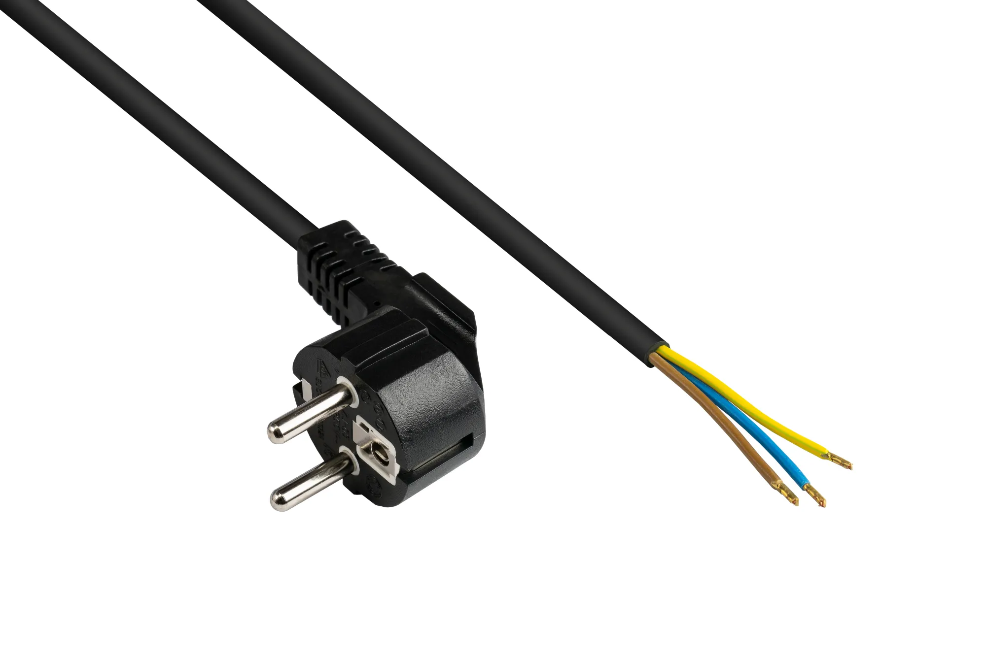 Netzkabel Schutzkontakt-Stecker Typ E+F (CEE 7/7, gewinkelt) an abisolierte Enden, schwarz, 1,00 mm²