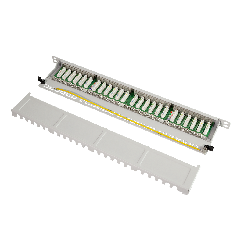 Cat.6A Patchpanel 24 Ports geschirmt, 19 Zoll Einbau, nur 0,5 HE, hellgrau