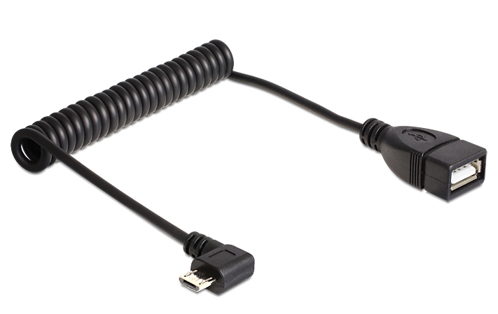Kabel USB micro-B Stecker, gewinkelt an USB 2.0-A Buchse OTG, Spiralkabel, schwarz, Delock® [83354]