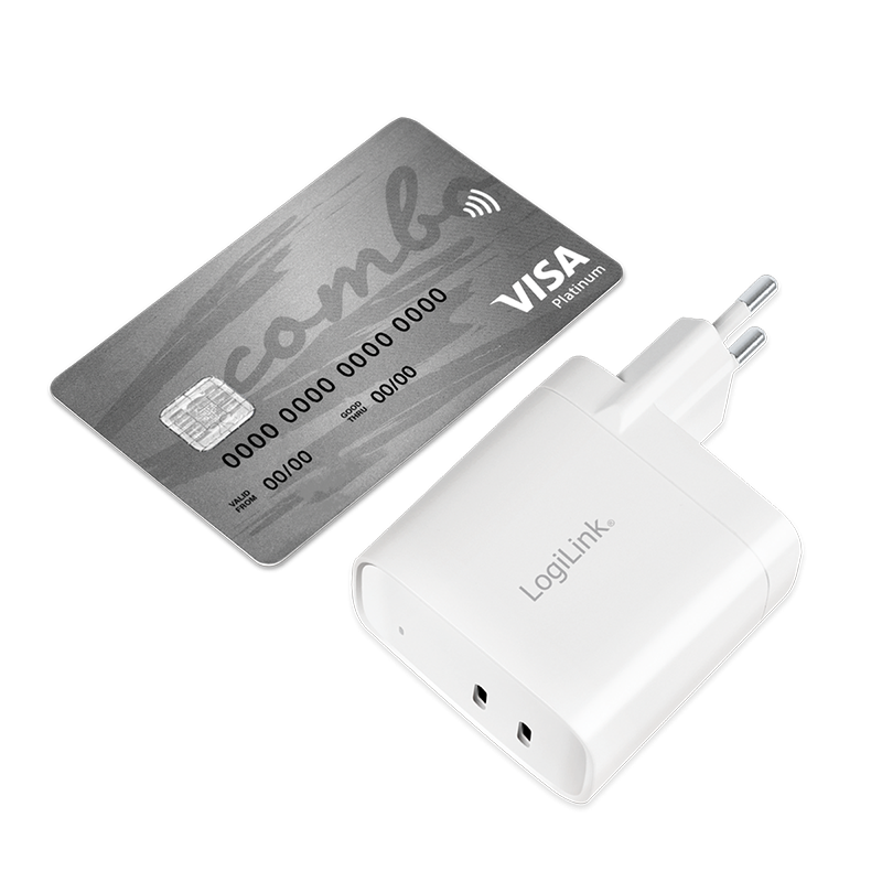Dual-USB-Steckdosenadapter, GaN, 2x USB-C (PD), 40 W, weiß