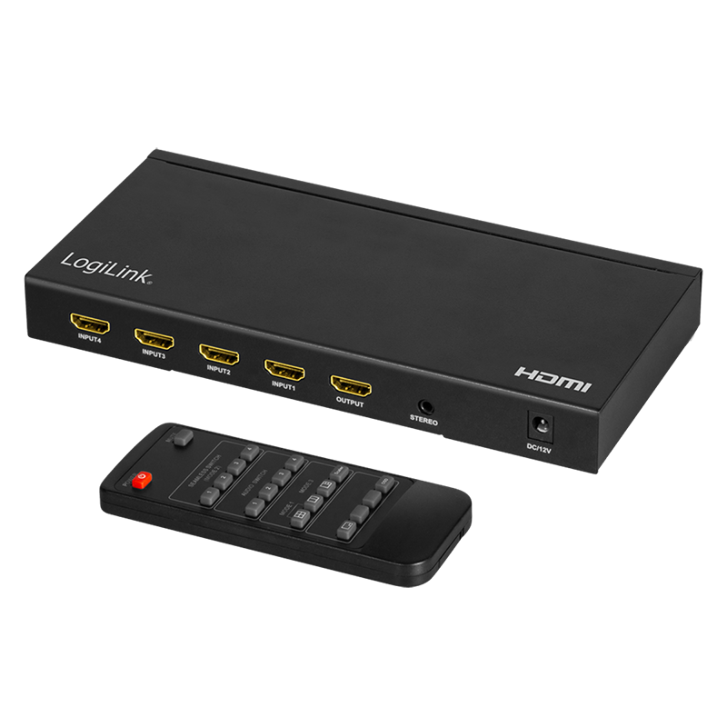 HDMI-Switch 4x1-Port, Multiviewer, 4K/30 Hz, Scaler, Seamless, RC