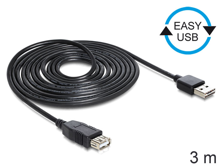 Verlängerungskabel USB 2.0 EASY Stecker A an Buchse A, schwarz, 3m, Delock® [83372]