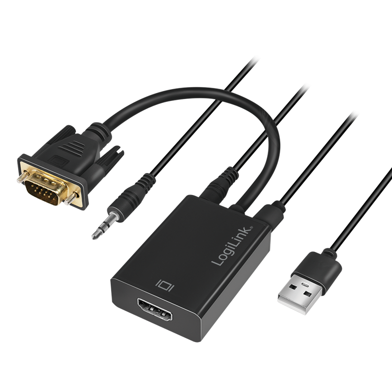 VGA-Adapter, HD15/M zu HDMI-A+3,5 mm+Micro-USB, FHD, schwarz, 0,15 m