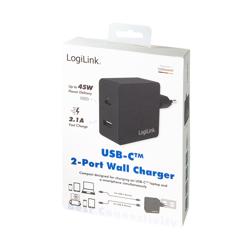 USB Steckdosenadapter, 1x USB-C Port (PD) & 1x USB-A Port, 45W