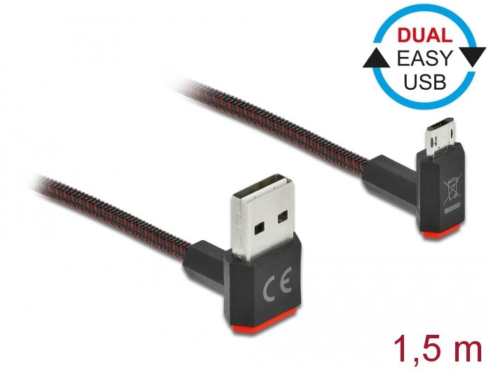 EASY-USB 2.0 Kabel Typ-A Stecker zu EASY-USB Typ Micro-B Stecker gewinkelt oben / unten 1,5 m schwar