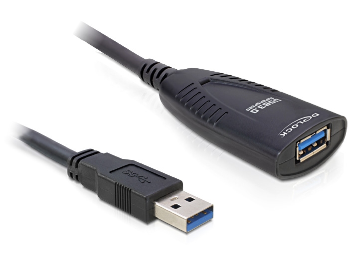 Verlängerung USB 3.0, Stecker A an Buchse A, aktiv, schwarz, 5m, Delock® [83089]