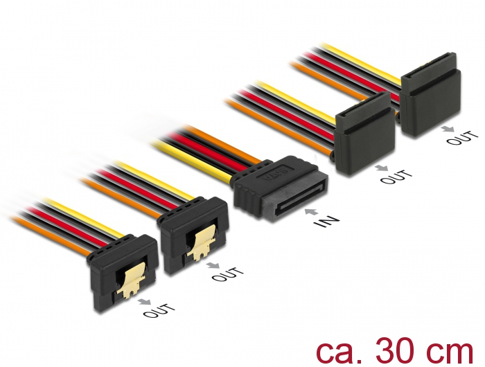 Kabel SATA 15 Pin Strom Stecker mit Einrastfunktion an SATA 15 Pin Strom Buchse 2 x unten / 2 x oben