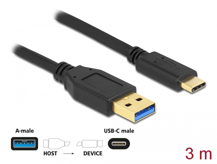 SuperSpeed USB (USB 3.2 Gen 1) Kabel Typ-A zu USB Type-C™, schwarz, 3 m, Delock® [84006]