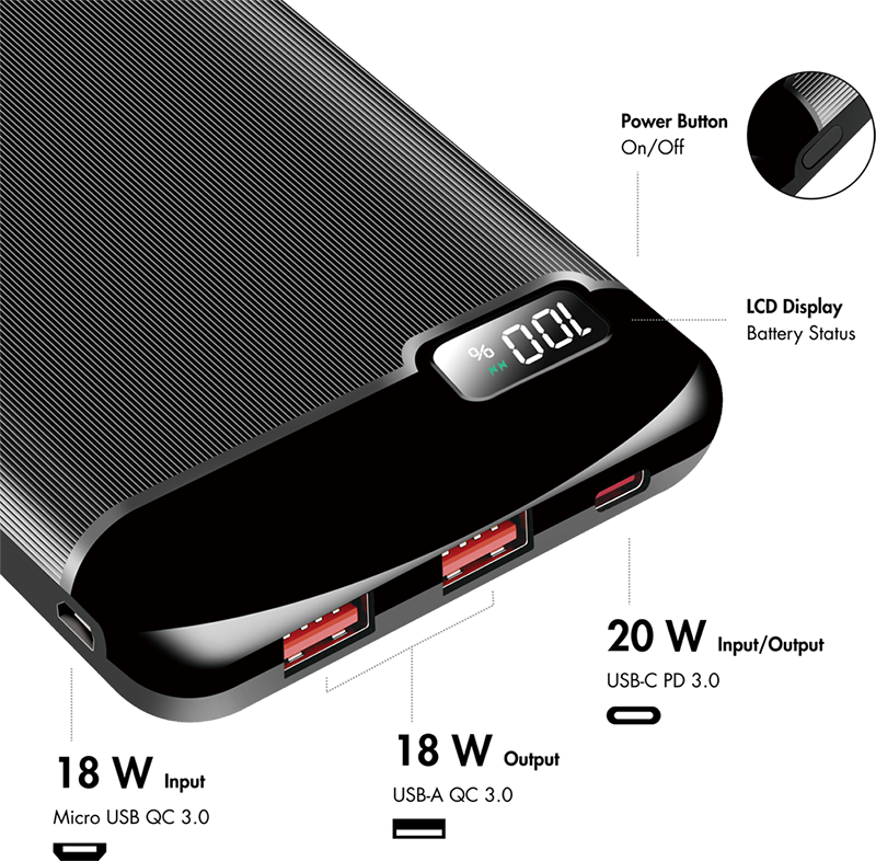Powerbank 10000 mAh, 2x USB-A, 1x USB-C, mit Display, PD & QC, schwarz