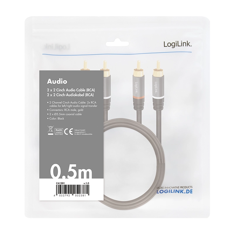 Audio-Kabel, 2x Cinch/M zu 2x Cinch/M, Metall, schwarz, 0,5 m