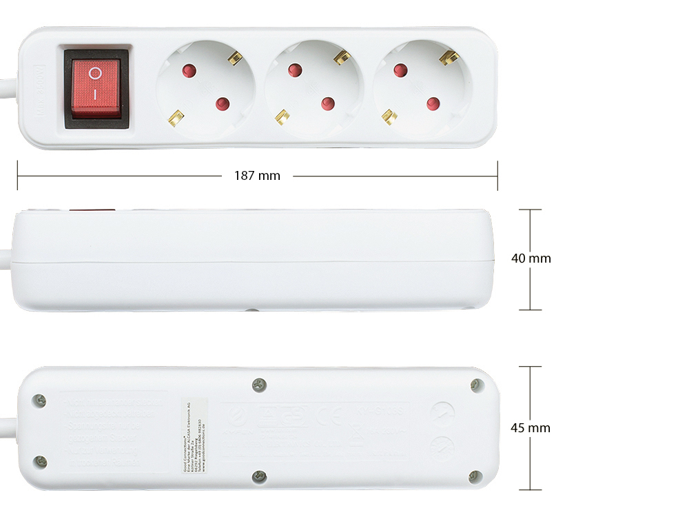 Steckdosenleiste mit Schalter, 3-fach, Schutzkontakt-Stecker an 3x Schutzkontakt-Buchse, Berührungss