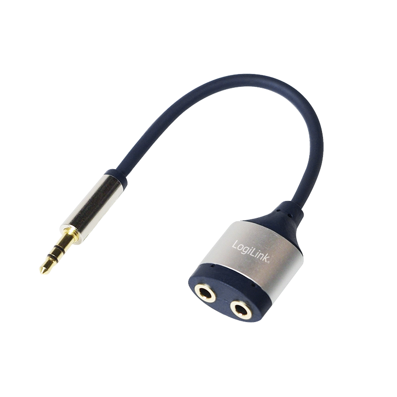 Audio-Kabel, 3,5 mm 3-Pin/M zu 2x 3,5 mm 3-Pin/F, schwarz/blau, 0,18 m
