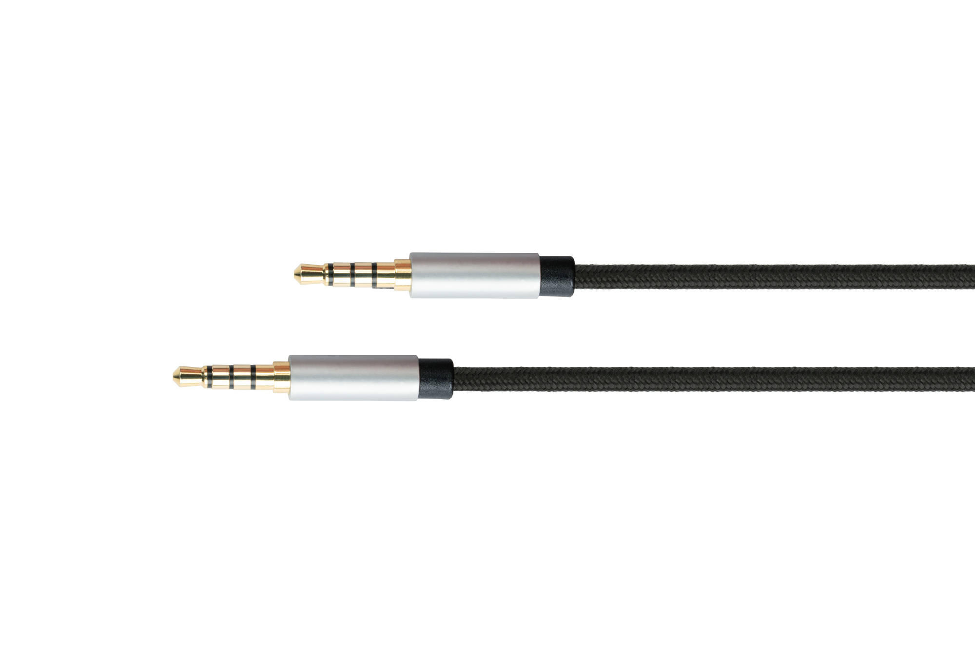 Audio Anschlusskabel High-Quality, 4-poliger 3,5mm Klinkenstecker beidseitig, Textilmantel, schwarz,