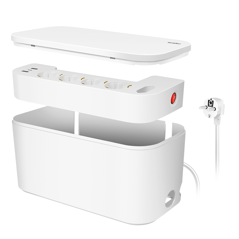 Kabelbox mit 5-fach-Steckdosenleiste, 3x USB, 285 x 145 x 13 mm, weiß Kabelbox mit 5-fach-Steckdosenleiste, 3x USB, 285 x 145 x 13 mm, weiß