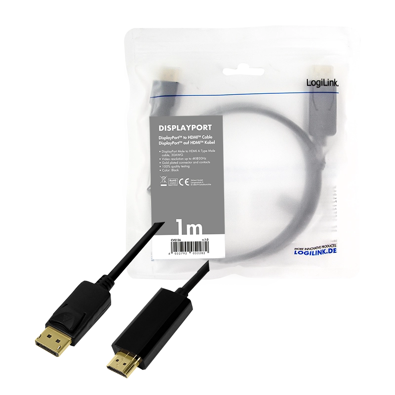 DisplayPort-Kabel, DP/M zu HDMI-A/M, 4K/30 Hz, schwarz, 1 m