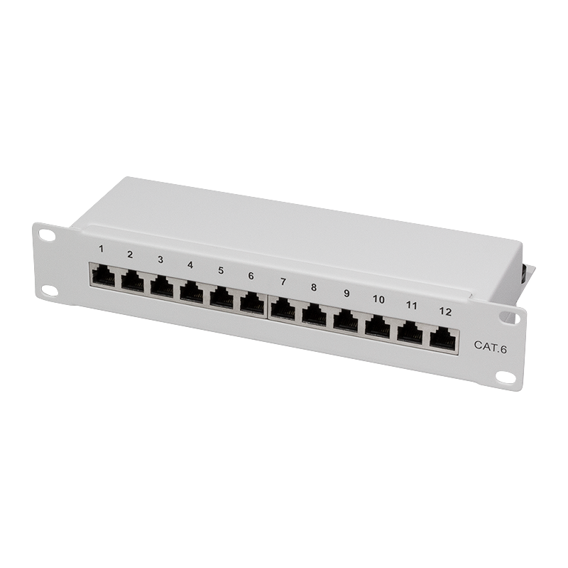 Cat.6 Patchpanel 12 Ports geschirmt, 10 Zoll Einbau, hellgrau