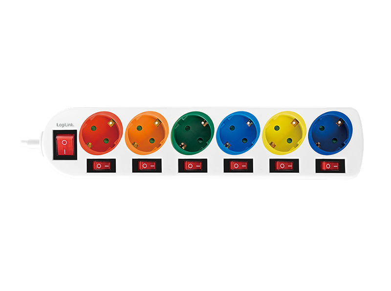 Steckdosenleiste 6-fach mit 7 Schaltern, 6x CEE 7/3, mehrfarbig