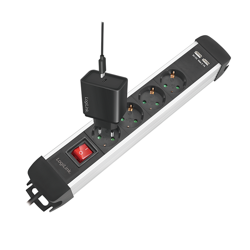 Steckdosenleiste 4-fach + Schalter, 4x CEE 7/3 + 2x USB-A, 1,5 m, schwarz/silber