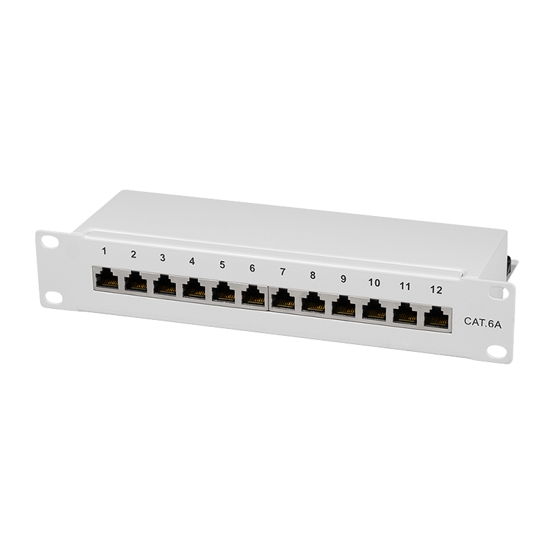 Cat.6A Patchpanel 12 Ports geschirmt, 10 Zoll Einbau, hellgrau
