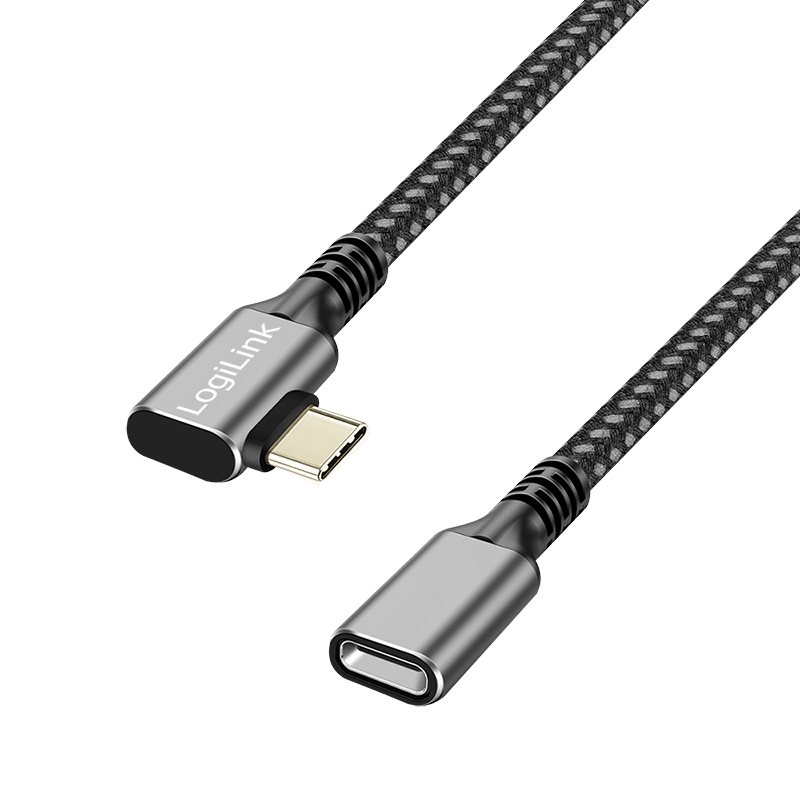 USB 3.2 Gen1 Type-C-Kabel, C/M 90° zu USB-C/F, PD, alu, schwarz/grau, 2 m