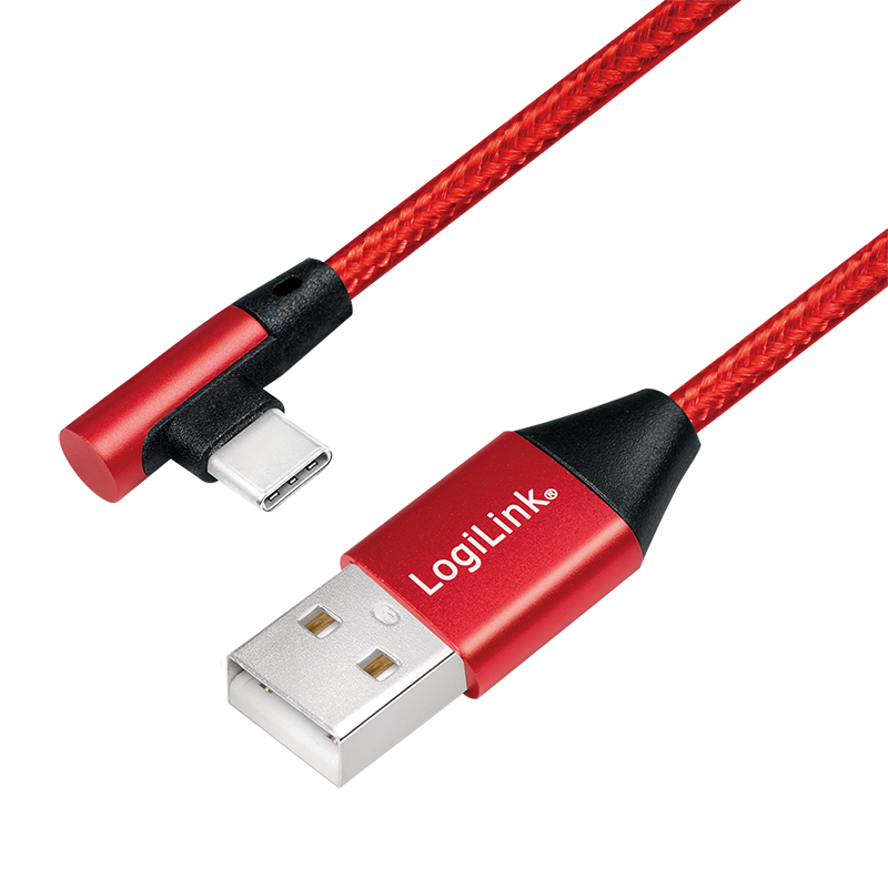 USB 2.0 Type-C Kabel, C/M (90°) zu USB-A/M, Stoff, rot, 0,3 m