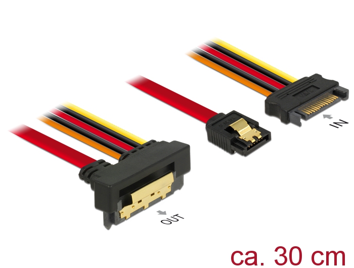 Kabel SATA 6 Gb/s 7 Pin Buchse + SATA 15 Pin Strom Stecker an SATA 22 Pin Buchse unten gewinkelt Met
